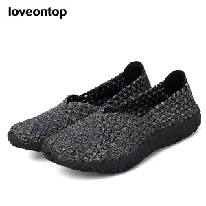 Loveontop Summer Breathable Women Flats Handmade Plaid Slip-On Shoes