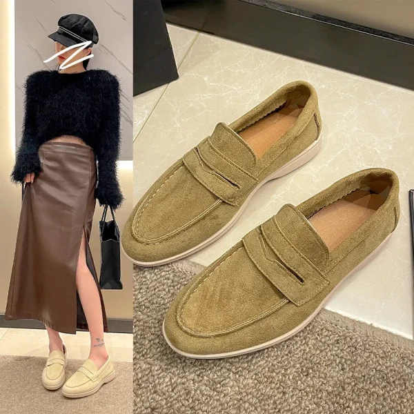 Women Khaki Suede Flat Shoes Slip-on Loafers Comfortable Mules - Image 10