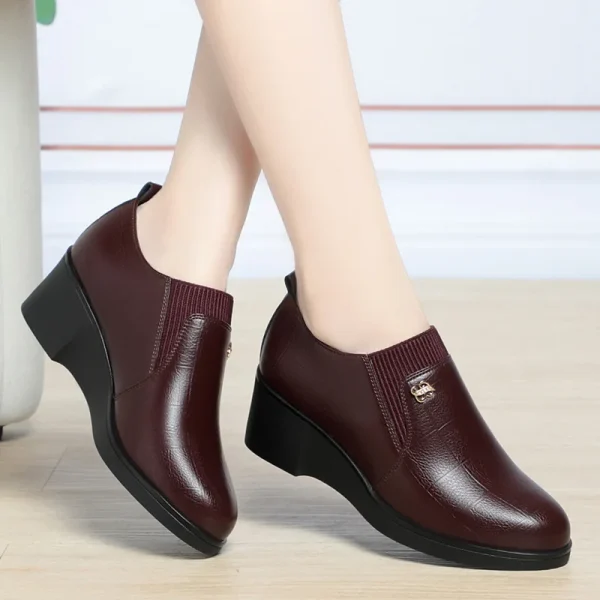 4.5cm Soft Leather Comfortable Platform Wedges Loafers Office Work Shoes