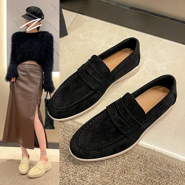Women Khaki Suede Flat Shoes Slip-on Loafers Comfortable Mules - Image 4