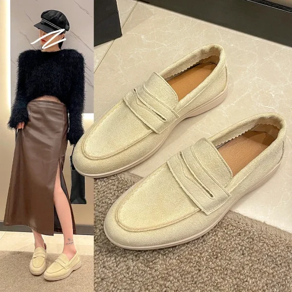 Women Khaki Suede Flat Shoes Slip-on Loafers Comfortable Mules - Image 15