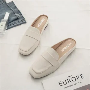 Baotou Half Slippers Women Soft Leather Slip-On Flat Casual Shoes