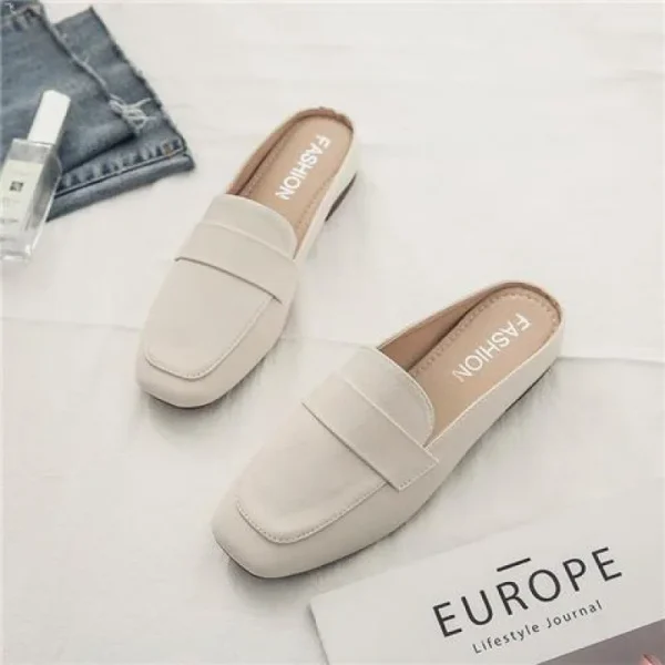 Baotou Half Slippers Women Soft Leather Slip-On Flat Casual Shoes